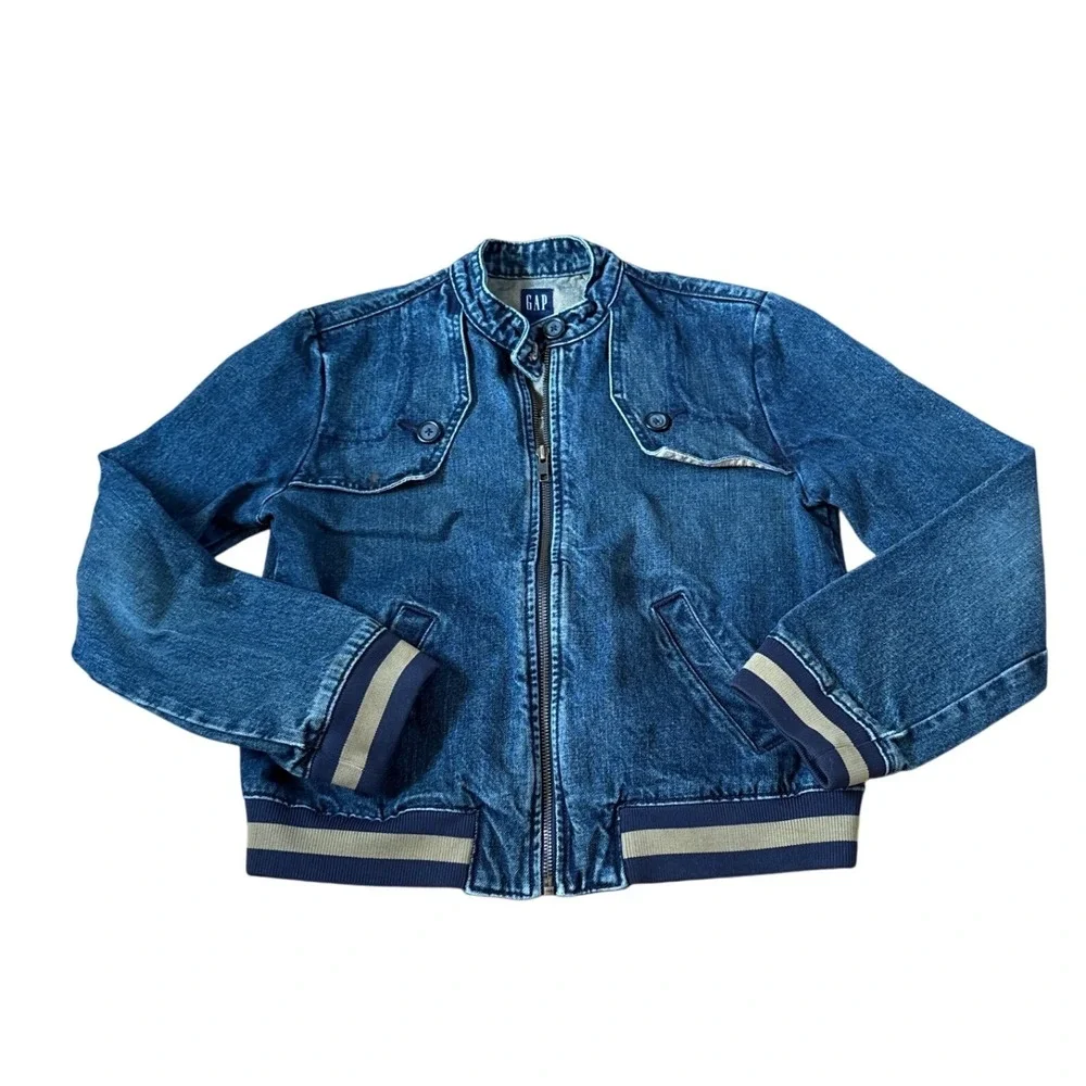 Gap Denim‎ Bomber Jacket Kids Blue Striped Trim Varsity Mock Neck SIZE S
